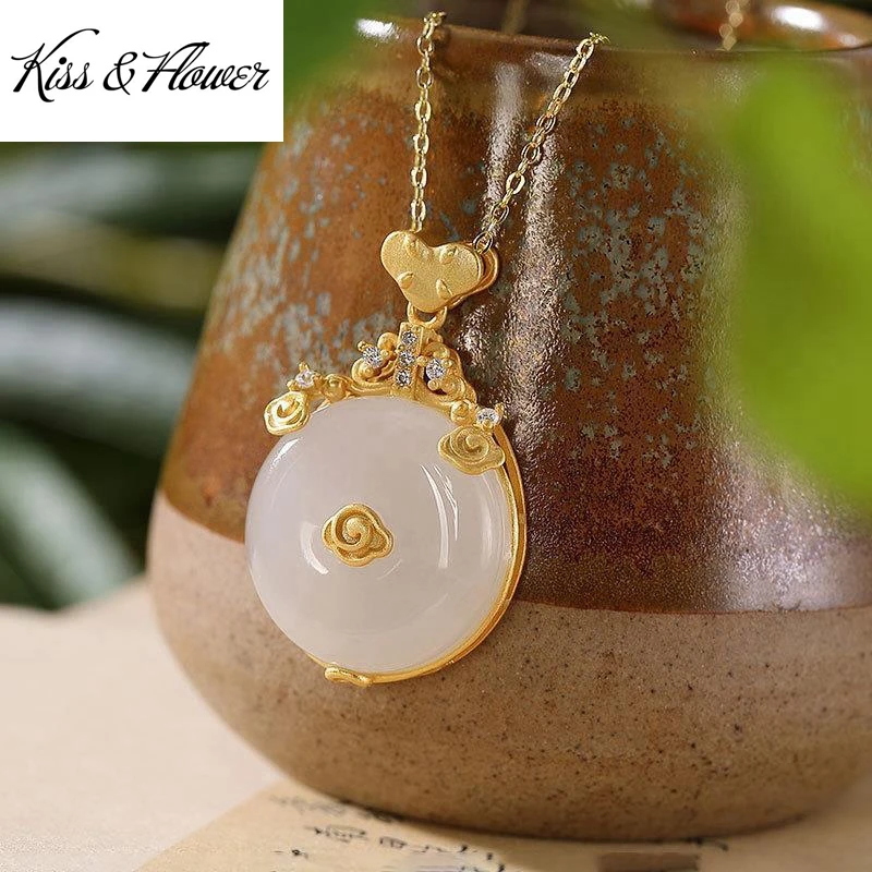 

KISS&FLOWER NK258 Fine Jewelry Wholesale Fashion Woman Girl Bride Mother Birthday Wedding Gift Round Jade 24KT Gold Necklace
