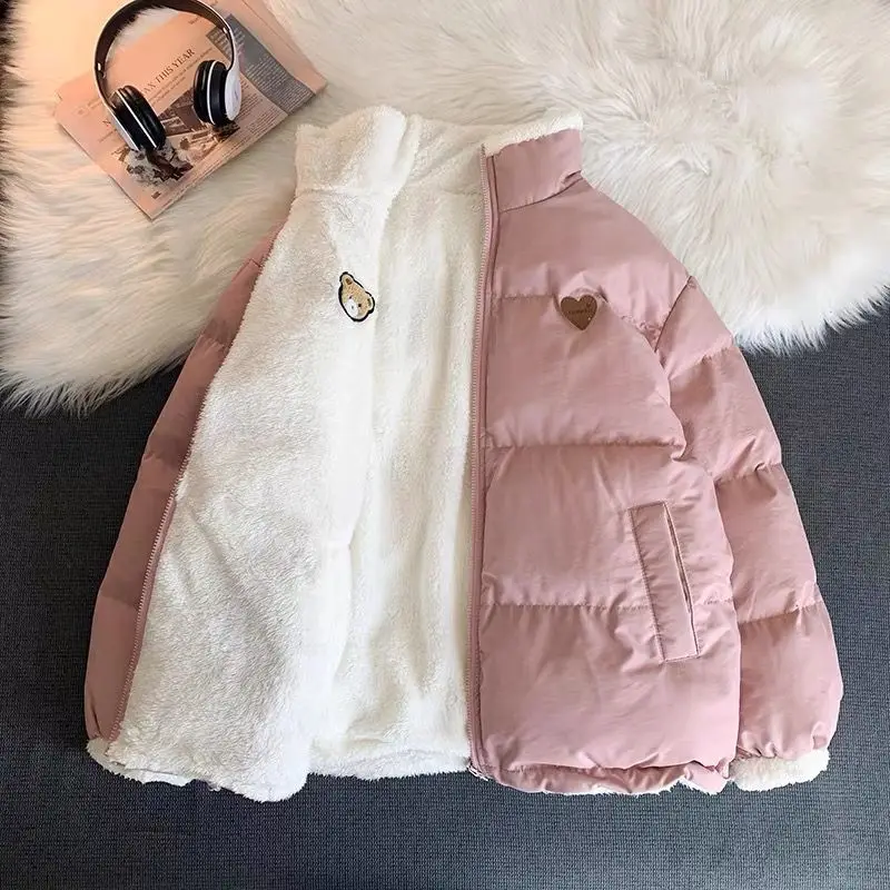 2022 Cute Embroidery Women Parkas Coat Winter Thick Hairy Korean Loose Warm Jacket Double Sided Design Pink Student Clothes