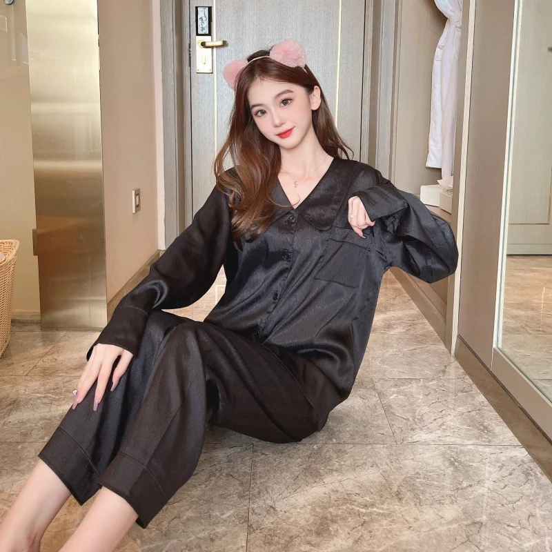 2023 New Pajamas Women's Spring and Autumn Long-Sleeve Suit V-neck Silk Korean Style Home Wear Artificial Silk Ladies' Homewear