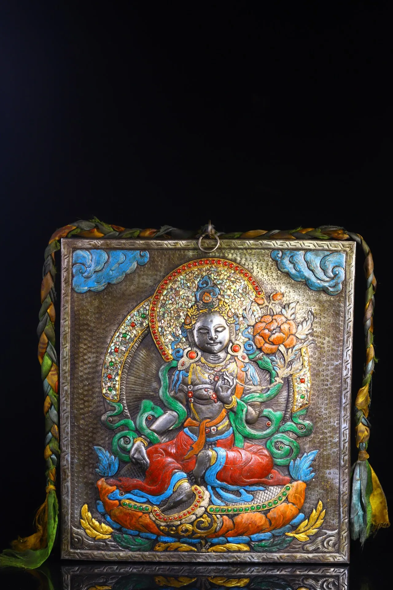 

16"Tibet Temple Collection Old Tiantie Painted Mosaic Gem shell Green Tara Buddha Thangka Hanging screen Worship HallTown house