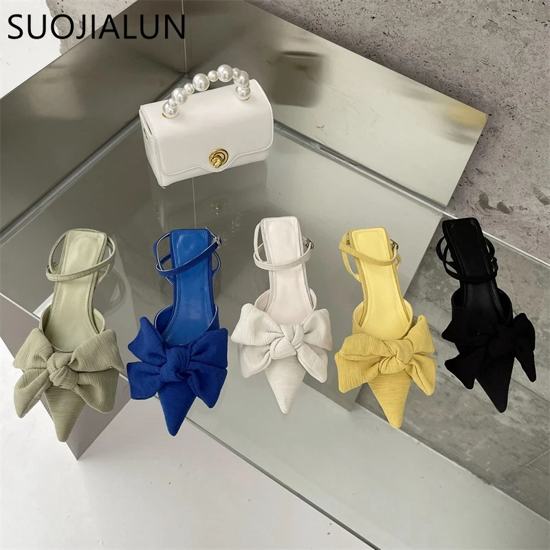 

SUOJIALUN Summer New Brand Women Pointed Toe Sandal Fashion Bow-knot Kitten Heel Shallow Mules Shoes Ladies Elegant Dress Shoes