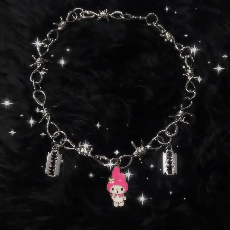 

New Cartoon Personality Kuromi My Melody Blade Punk Titanium Steel Necklace for Friends Boys and Girls Favorite Gifts