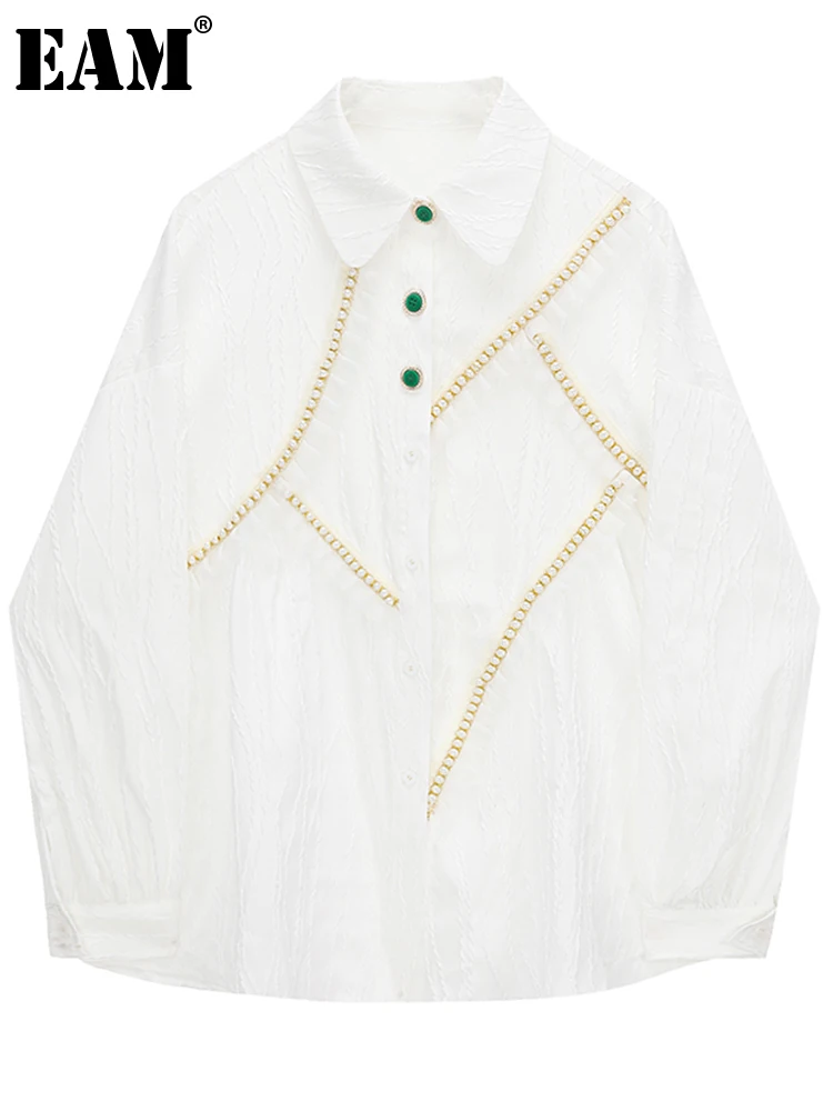 [EAM] Women White Pearl Ruffles Big Size Blouse New Lapel Long Sleeve Loose Fit Shirt Fashion Tide Spring Autumn 2022 1DE6903