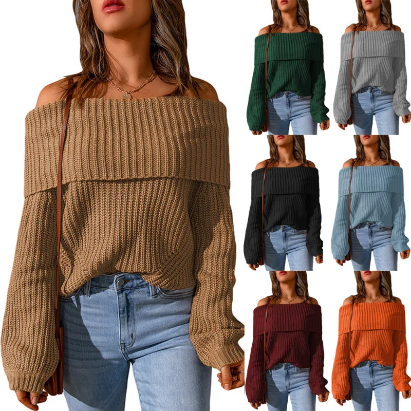 

Autumn Winter Off Shoulder Pullover Women's Sweaters Long Sleeve Loose Knitted Sweater Female Solid Chic Vintage Sweater 23356
