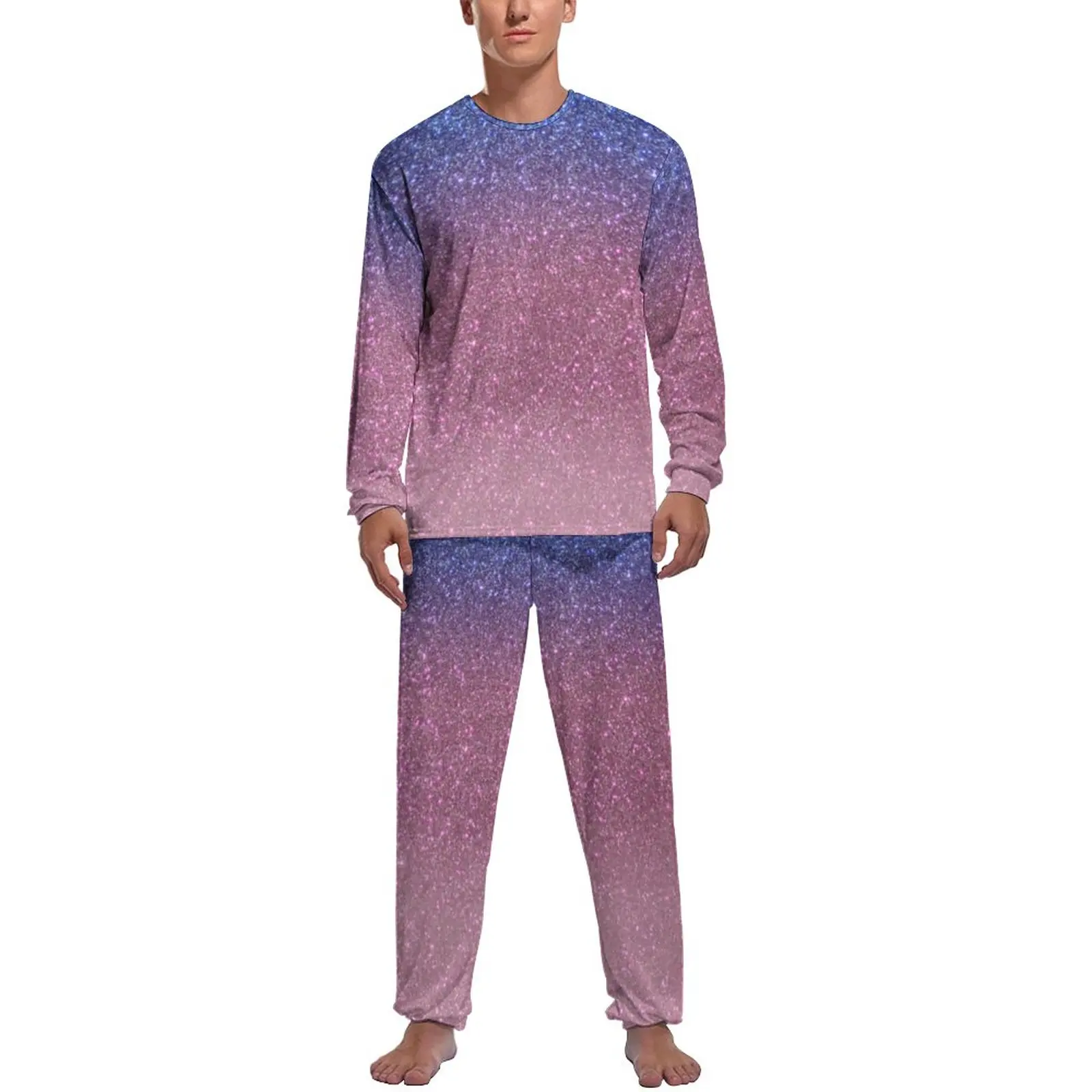 Glitter Ombre Pirnt Pajamas Autumn 2 Pieces Blue Pink Sparkly Lovely Pajama Sets Men Long Sleeve Casual Design Sleepwear