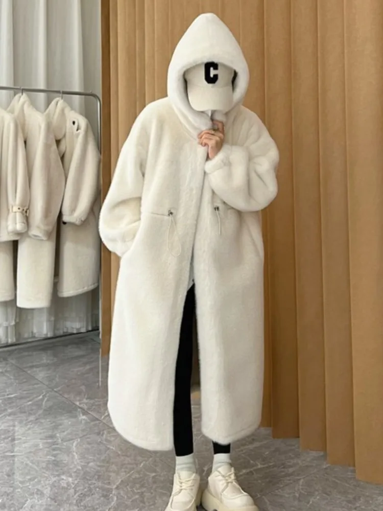 

Длинное пальто из искусственного меха, Женское зимнее длинное утолщенное пальто с капюшоном, свободное, имитация норки, пушистое пальто, модное повседневное теплое пальто из овчины