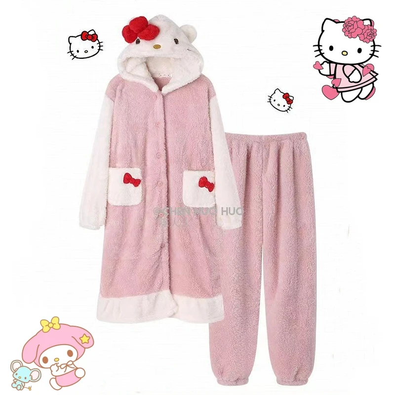 

2Pcs Kawaii Hello Kitty Pajamas Melody Winter Warm Plush Nightgown Anime Cartoon Coral Velvet Girl Coat Jacket Suit Child Gift