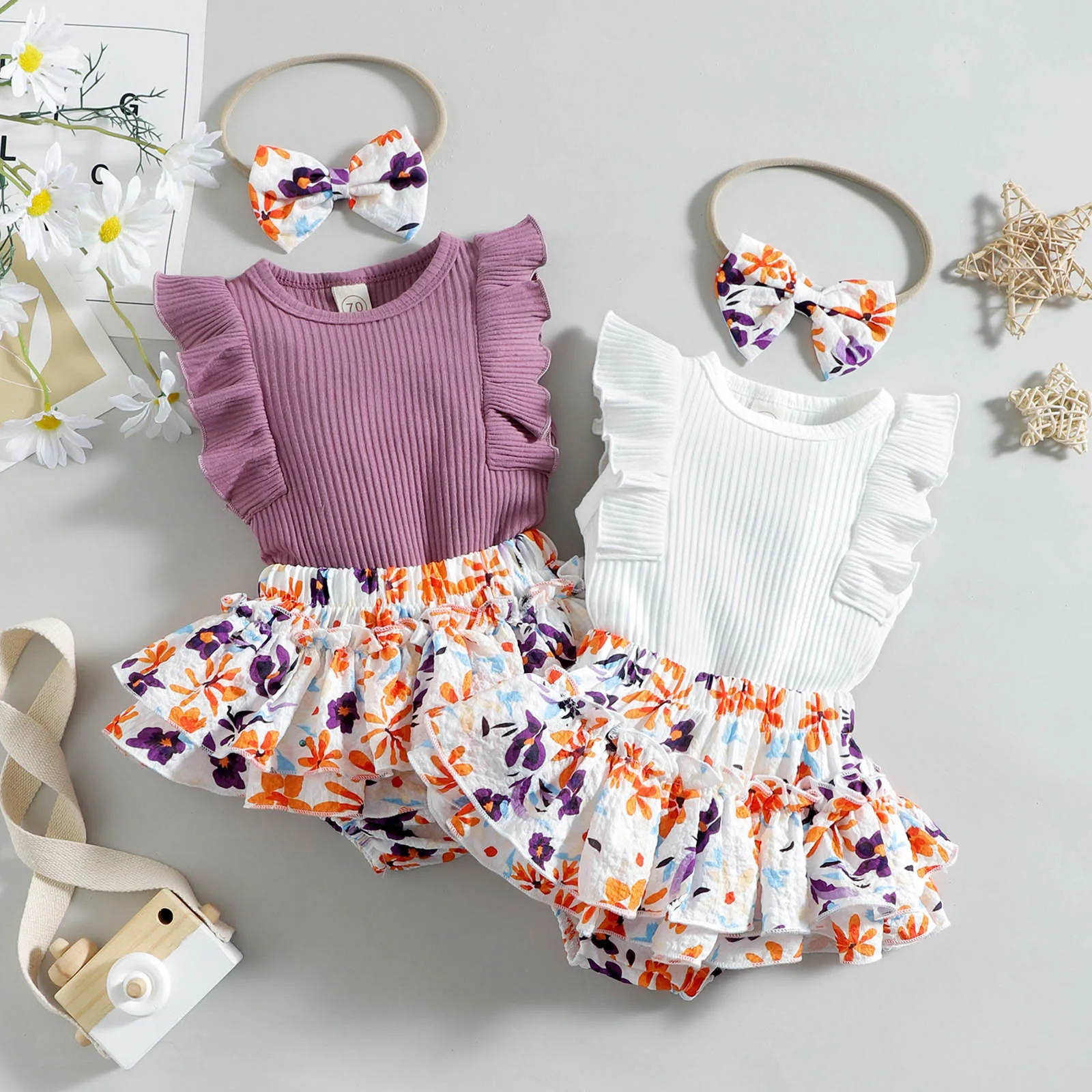 

Одежда для новорожденных девочек 3-18 месяцев, одежда 2022, летний однотонный комбинезон в рубчик с рукавами-летучими рукавами + шорты из полипр...