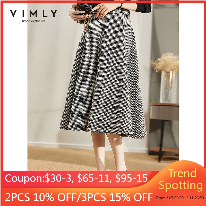 

Vimly 2021 Autumn Skirt For Women Fashion Houndstooth High Waist With Belt Faldas Long Elegant Ladies A-line Skirts F8660