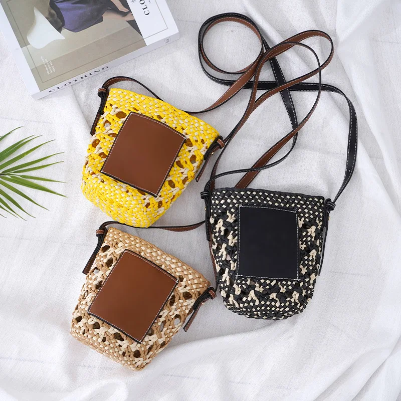 Летняя плетеная Сумка-тоут с вырезами женская модная контрастная Соломенная