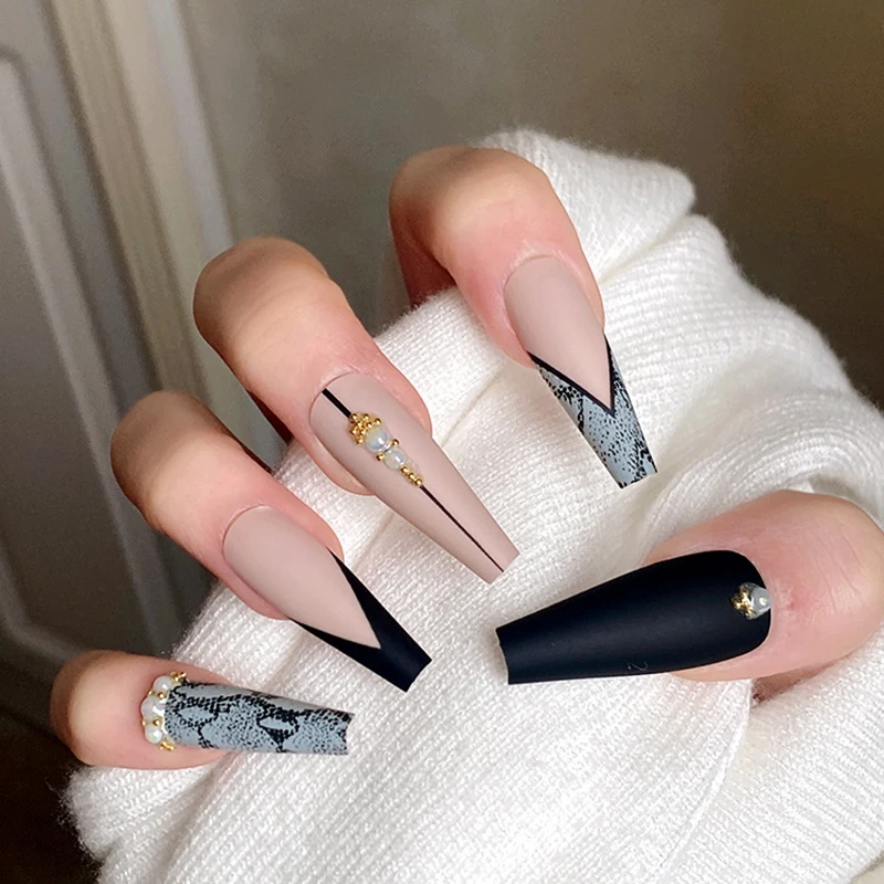

European Style Press on Nails with Pearl Design Dark Style Printed Coffin Ballet Fake Nails Full Finished Detachable False Nails