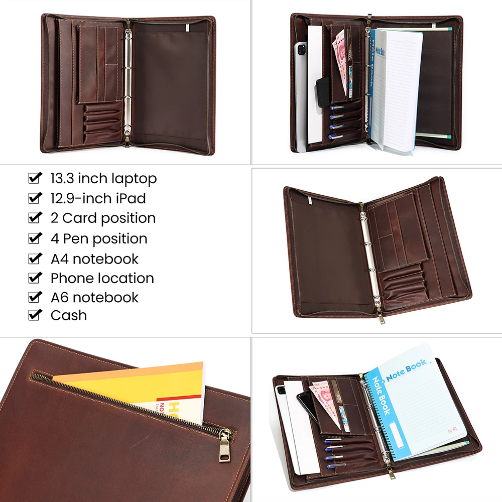 Handbag 12.9 inch laptop zipper bag multifunctional Ipad bag A4 paper High capacity leather tablet case Business Casual