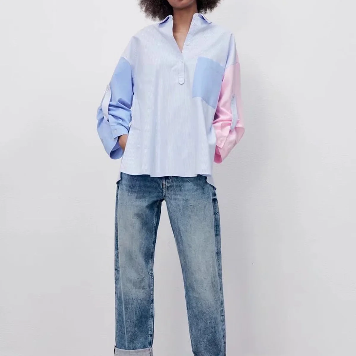 

Women's Shirt Contrast Color Patchwork Blouses And Shirts Single-breasted Women Clothing Top Oversized Tops Hawaiian Shirt
