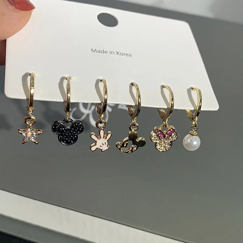 

Disney 6Pcs/set S925 Needle Cute Mickey Minnie Earrings Jewelry Bowknot Pearl Pendant Earrings for Women Girl Christmas Surprise