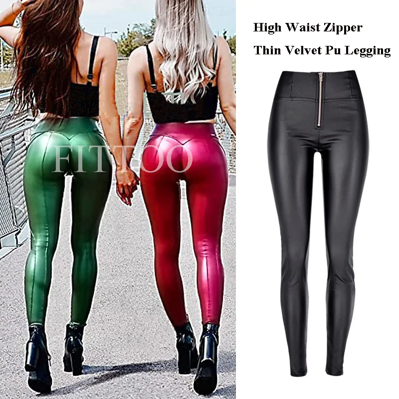 

2023 Fashion Zipper Women Pu Legging High Waist Push Up Leather Trousers Slim Stretchy Jeggings Female Warm Long Pants Sexy Legg