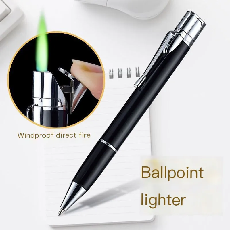 

001 индивидуальная металлическая шариковая ручка для курения, креативная ветрозащитная надувная зажигалка с зеленым пламенем и прямой зарядкой