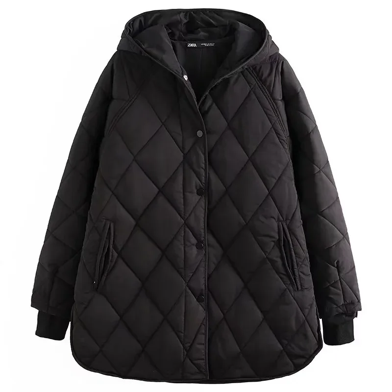Women's Diamond Quilted Jackets Stand Neck Lightweight Casual Button Down Winter Long Sleeve Bomber Jacket Warm Coat with Hooded