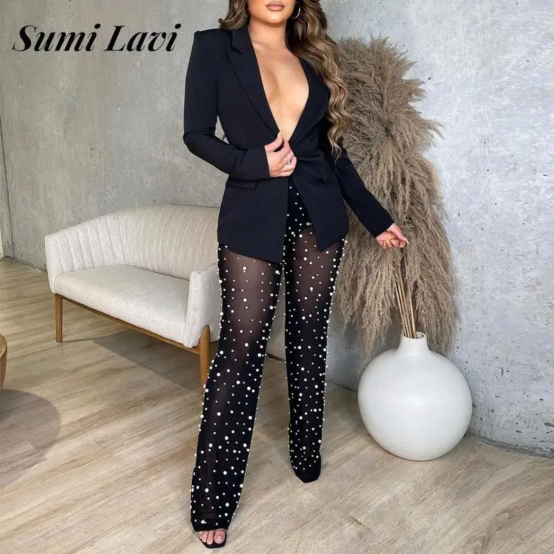 

Sexy Deep V Tops And Mesh See Through Pants Set Fashion Lapel Single-Breasted Blazer Set Elegant Pearl Straight Pants Outfits