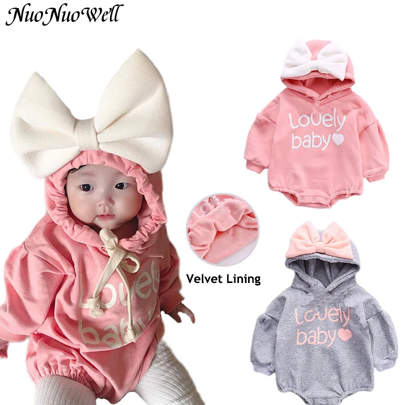 

Baby Girls Clothes Solid Bow Hooded Long-sleeve Baby Jumpsuit Unisex Baby Winter Clothes for Newborn Baby Hooded Romper Bodysuit