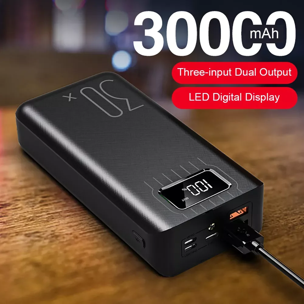 

2023New 30000mAh Power Bank TypeC Micro USB QC Fast Charging Powerbank LED Display Portable External Battery Charger For Xiaomi