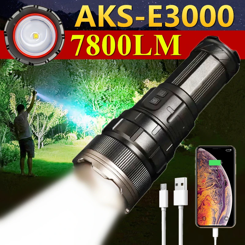 

AKS-E300 Long Distance 1500M Powerful LED Flashlight Large Convex Lens 18650 USB Charging Zoom Spotlights for Camp Hiking