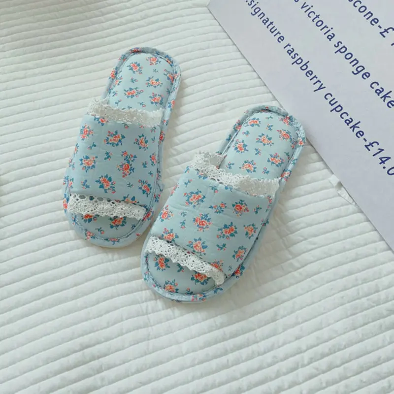 

New Small Floral Lace Fish Mouth Women Slippers Spring Indoor Rubber Bottom Non-Slip Cotton Female Shoes