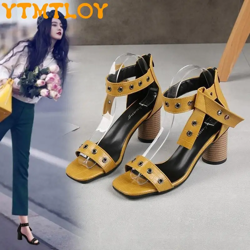 

Classic35-43 European And American Roman Style Metal Buckle Open-toe High-heeled Sandals, Bow-knot Back Zipper High-heeled Women