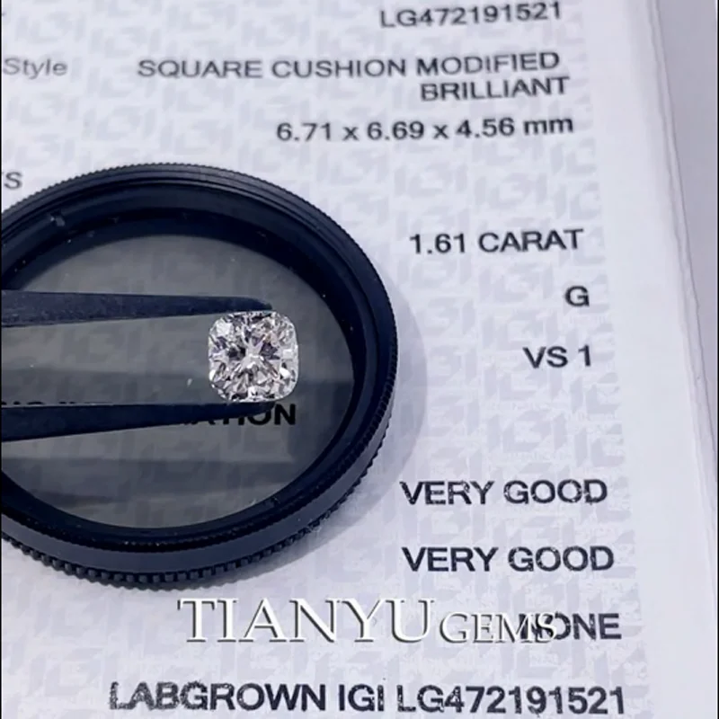 

Tianyu Gems 1.61ct Cushion Cut G VS1 Lab Grown Diamond CVD 6.71*6.69*4.56mm IGI Certified White Sparkle Loose Stones Lab Created