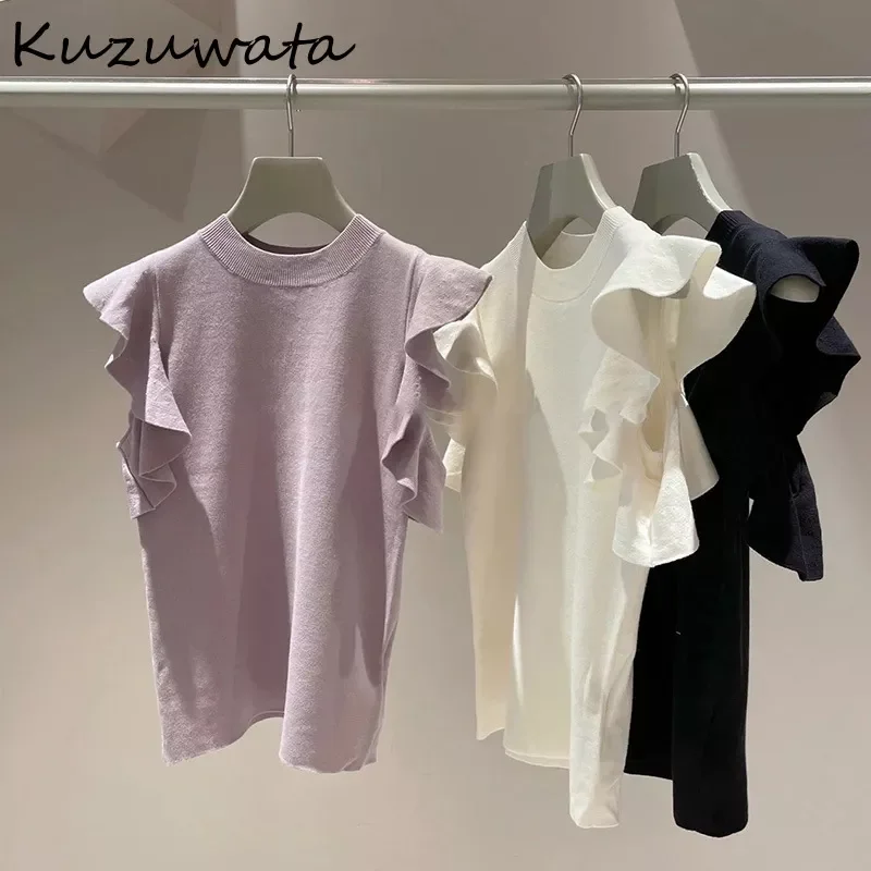 

NEW 2023 Ruffled Short Sleeve O Neck Sweater Solid Color Fashion Japanese Style Sweet Lady Knit Pullover 2022 Summer New Jumpers