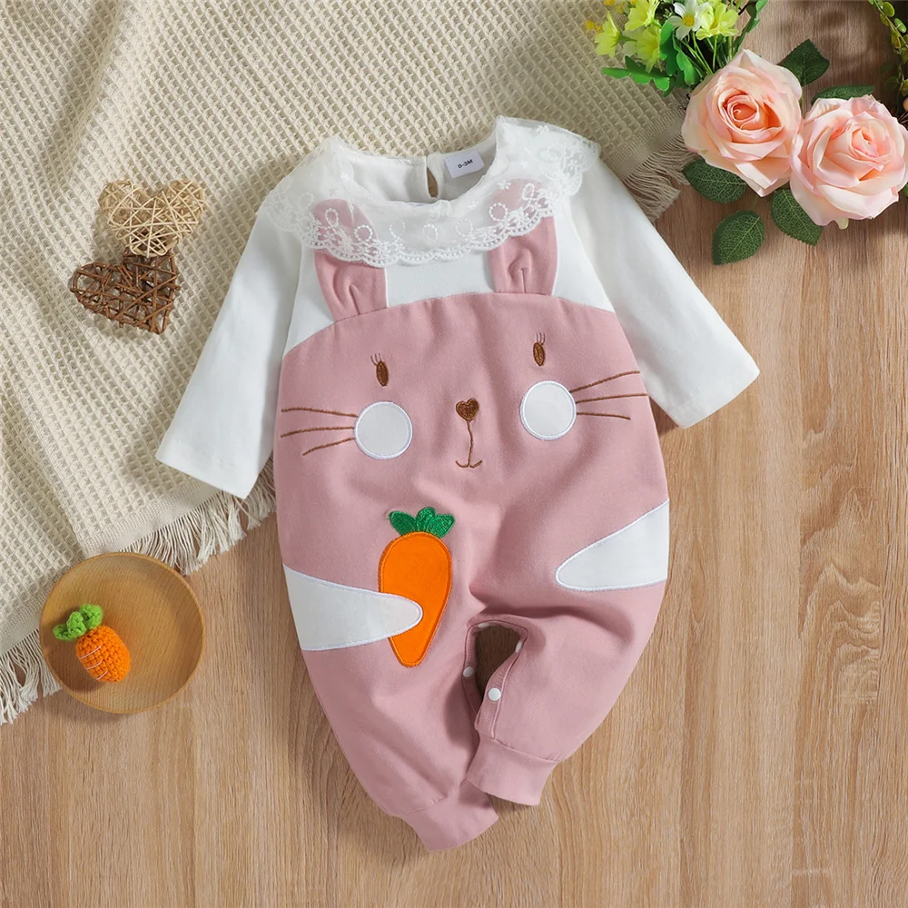 

0-18M Newborn Baby Girl Long Sleeve Romper Toddler Rabbit Pattern Crotch Snaps Bodysuits Cute Easter Bunny Spring Fall Clothes