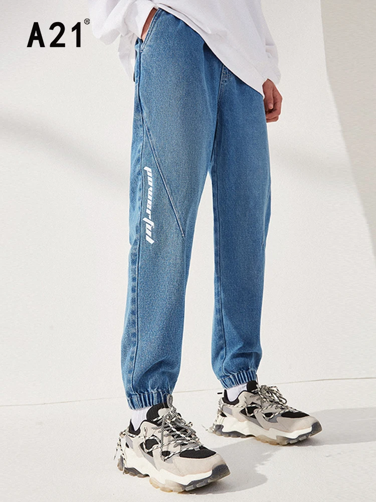 A21 Men Casual Vintage Jeans for Summer 2022 Fashion Elastic Waist 100% Cotton Denim Pants Male Baggy Drawstring Jean Streetwear