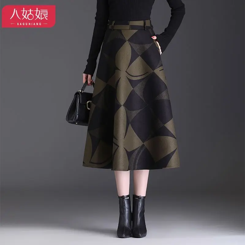 Женская шерстяная тканевая юбка трапециевидной формы с принтом