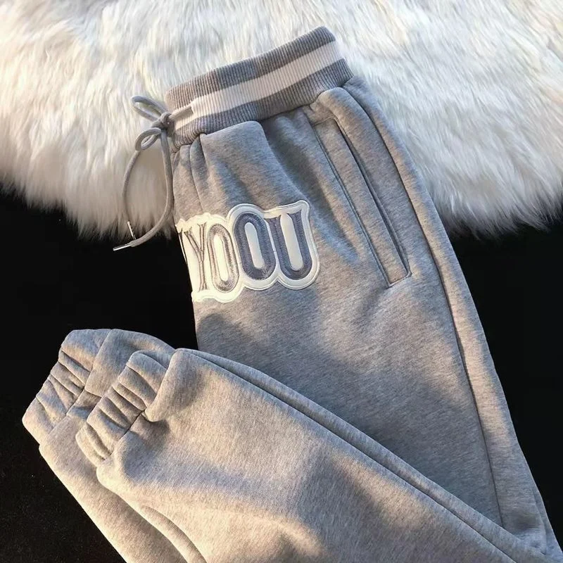 

Pink Velvet Padded Sweatpants Women Punk Pants Loose-fitting Feet 2021 Winter American High Waist Drawstring Casual Pants