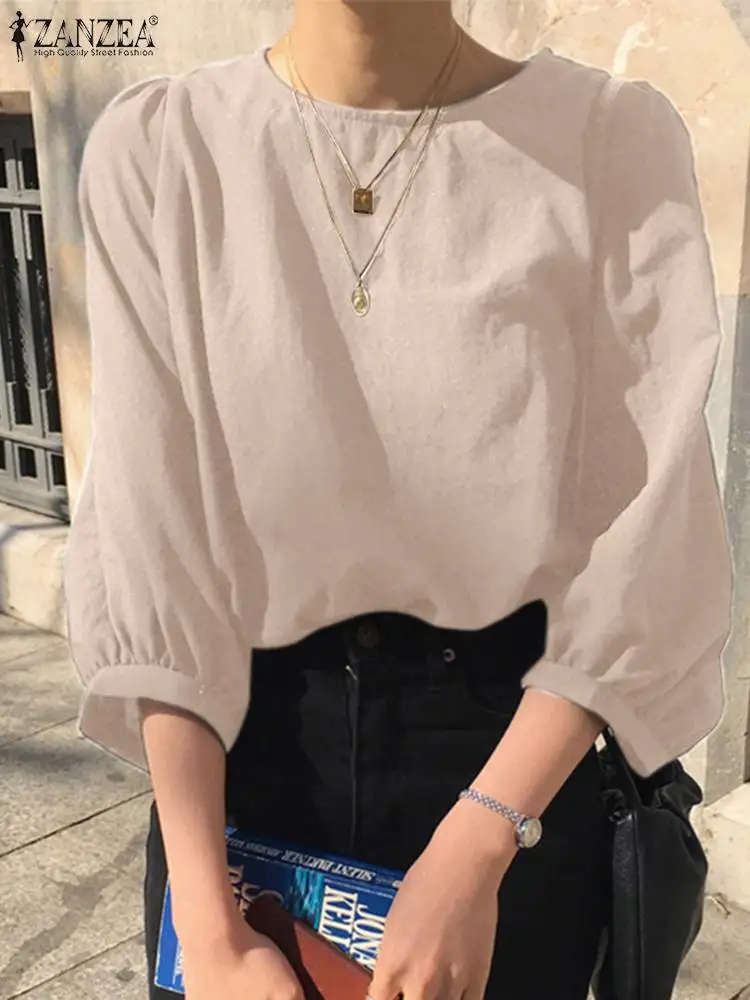

Корейская женская Однотонная рубашка ZANZEA 2022, стильная Осенняя блузка с круглым вырезом и рукавом 3/4, повседневные свободные рабочие блузы, ж...