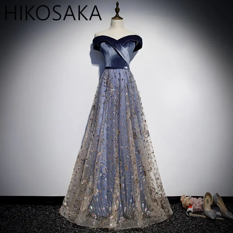 

Glitter Gauze Patchwork Evening Dresses Long Boat Collar Prom Dresses Floor-Length Dresses Woman Party Night A-Line Prom Dress