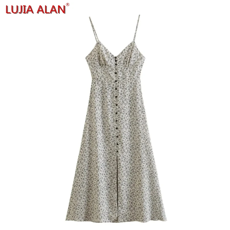 

New Women Vintage Floral Printed Sling Midi Dress Female Casual V-neck Single Breasted Vestidos LUJIA ALAN WD2196