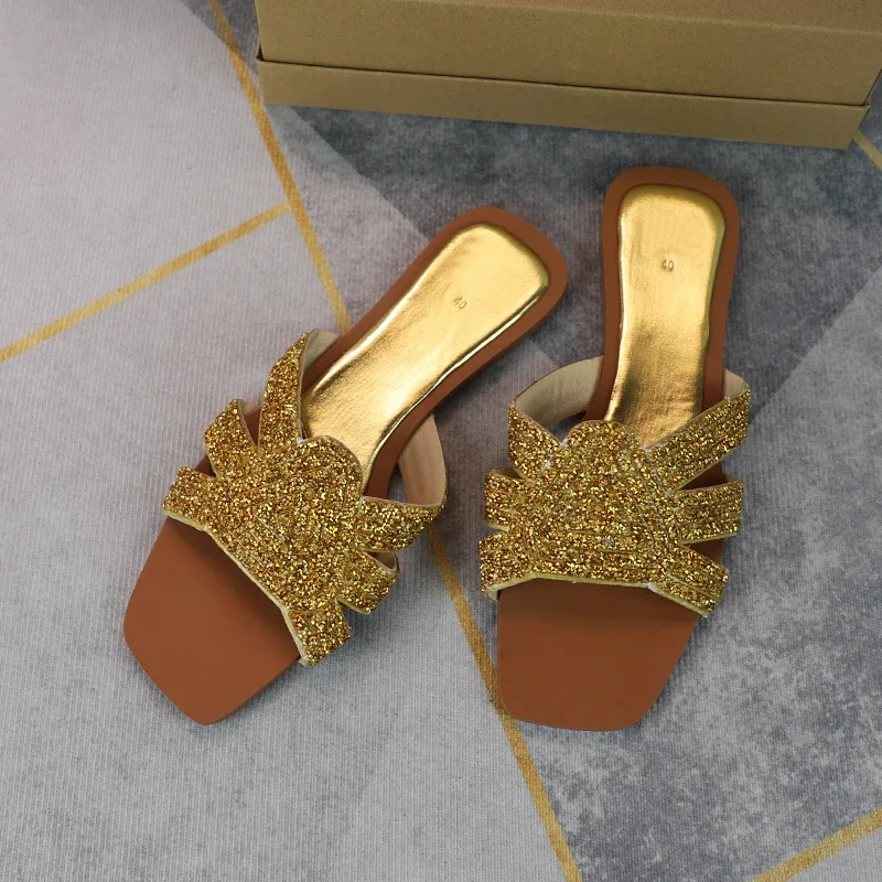 Женские блестящие золотистые сандалии модные шлепанцы на плоской подошве со