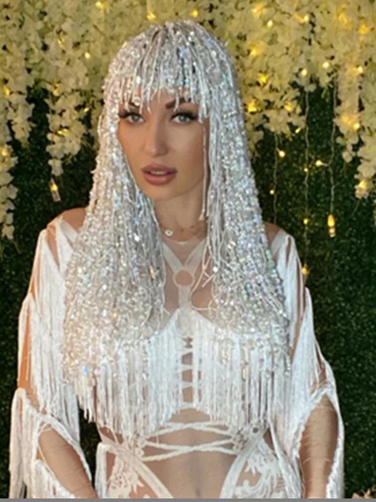 

Shining Silver Sequin Crystal Fringes Wigs Women Birthday Party Rhinestone Headwear Club Stage Dancer Singer Show Accessories