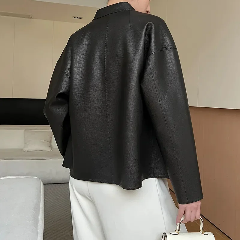 Черная кожаная куртка из оленьей кожи женское короткое пальто весна-осень 2024