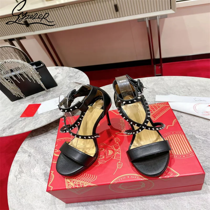 

Yue Rui 2022 Ladies Sandals12CM Platform Cross Rivet High Heels Sexy Ankle Strap Open Toe Party Summer High Heel Sandals 34-43