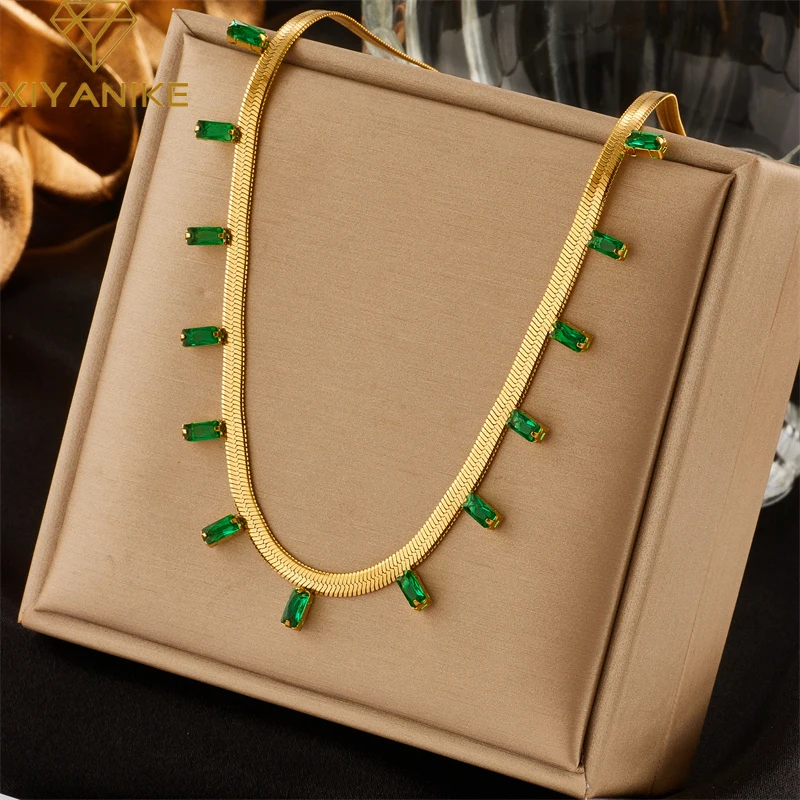 

XIYANIKE 316L Stainless Steel Necklaces for Women New Style Small Square Green Crystal Decoration Woman Necklaces Drop Shipping
