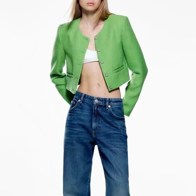 

2022 Spring Women Long Sleeve Single-breasted O Neck Short Green Blazer Versatile High Waist Tweed Shorts Two Piece Suit BB22251