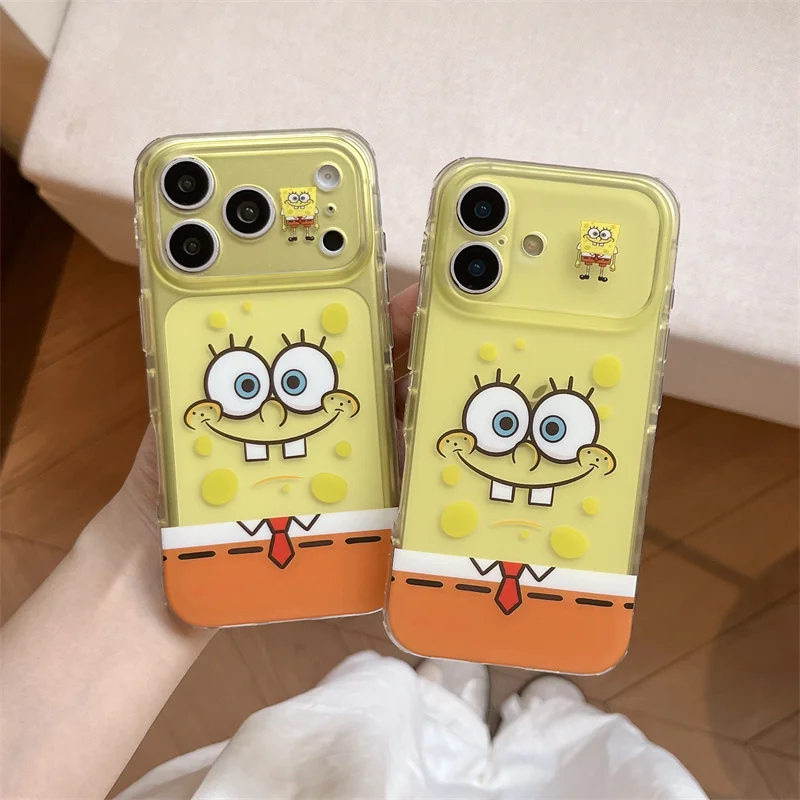 Фото Противоударный чехол для iPhone 15 16 17 Pro Max в корейском стиле с мультяшными персонажами Губка Боб и Патрик Стар, желтый, с выражением лица №3