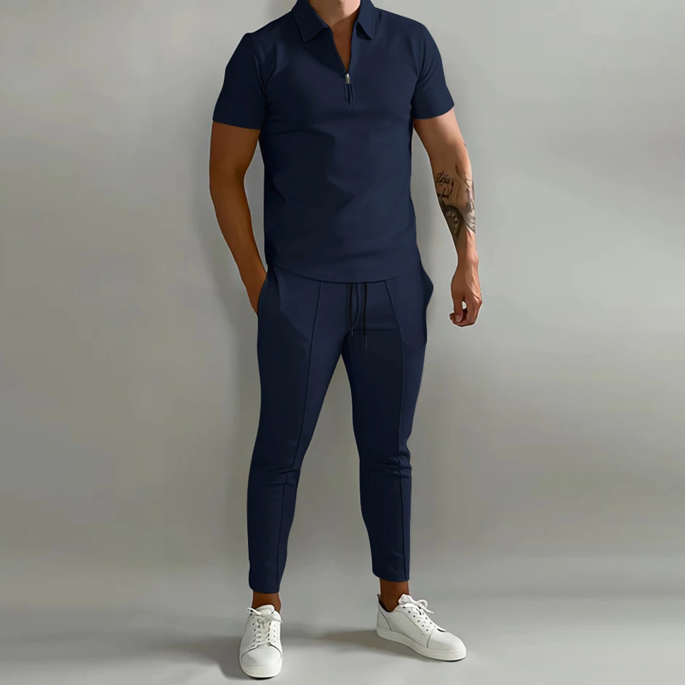 Men's Casual Solid Color Sports Suit Summer Fashion All-match Short-sleeved Polo Shirt Sports Trousers Two-piece Suit for Men
