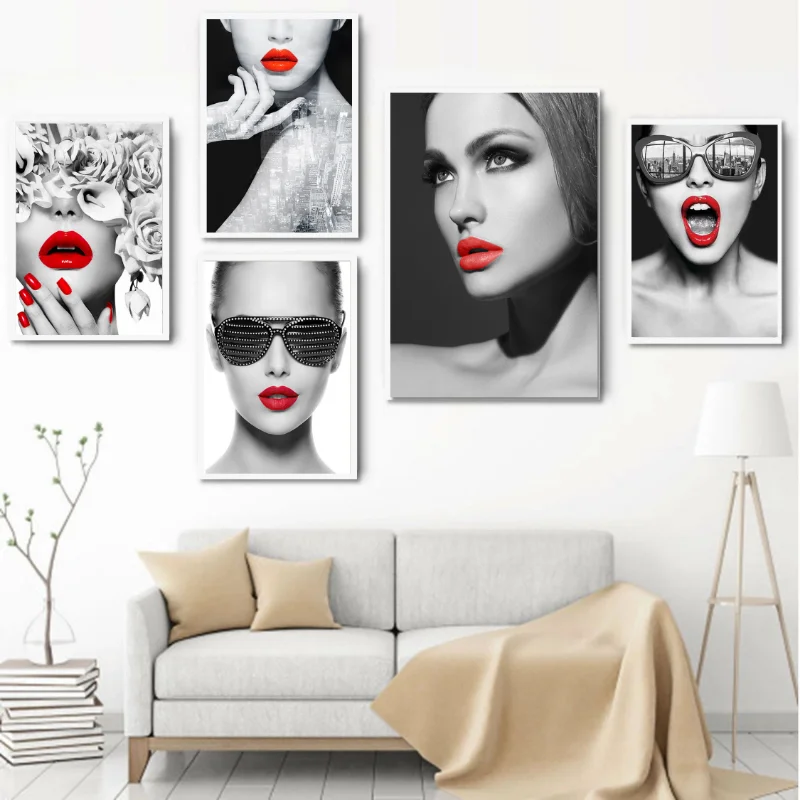 

Привлекательные красные губы красивый классный макияж модный плакат черно-белая женская Картина на холсте Современные настенные картины д...