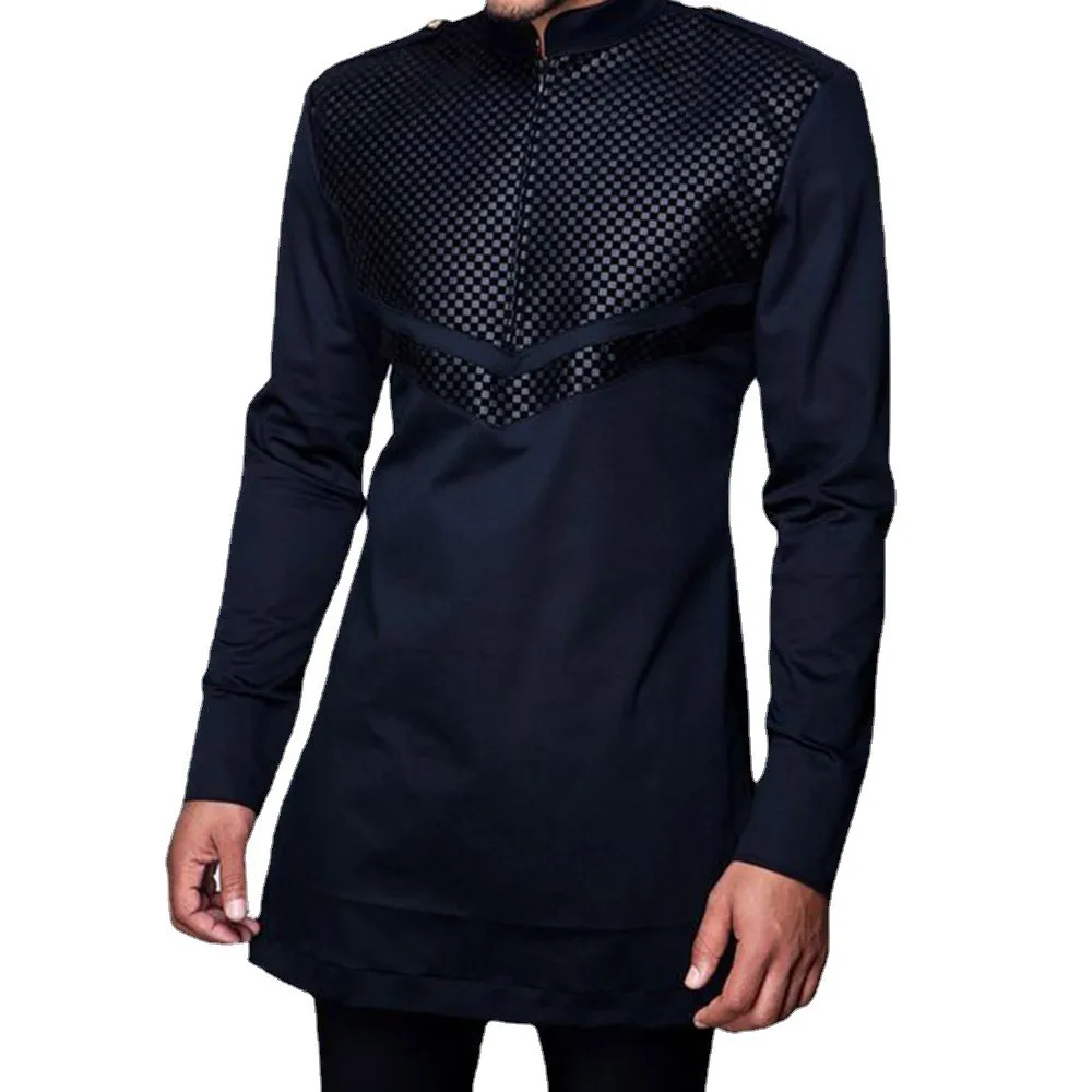 2022 Men's T-Shirt African Dashiki Long Sleeve Patchwork top Spring Fashion Mid-length Male Clothing Plus Size 4xl Black T shirt