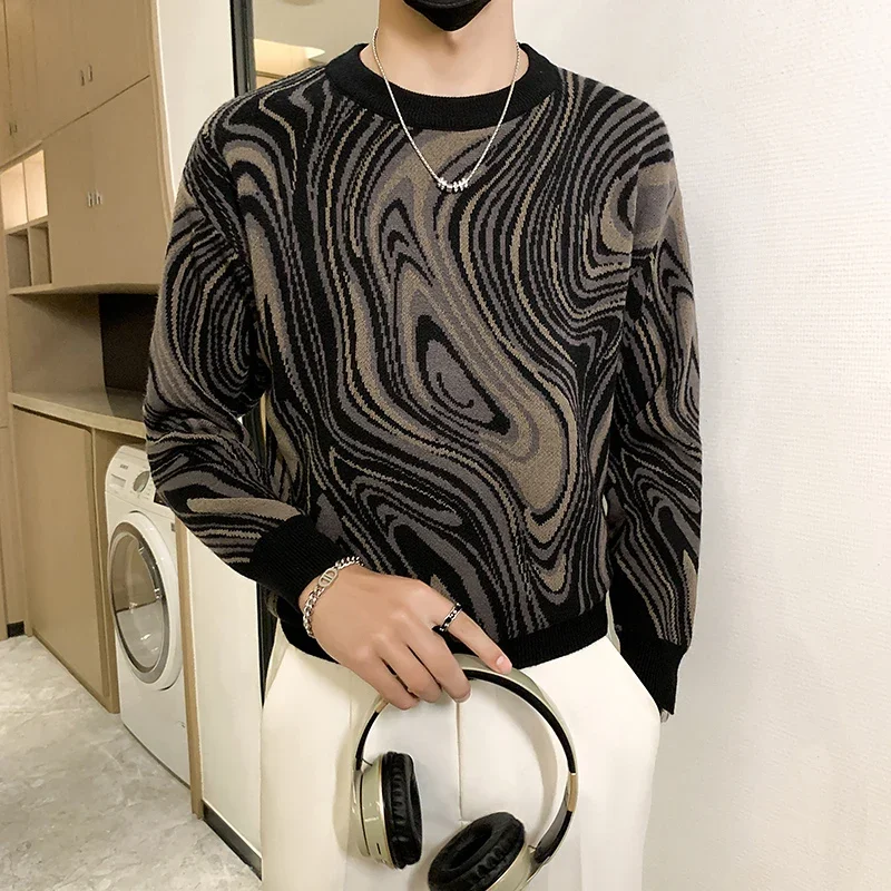 Мужской модный свитер с длинным рукавом и круглым вырезом географическим узором