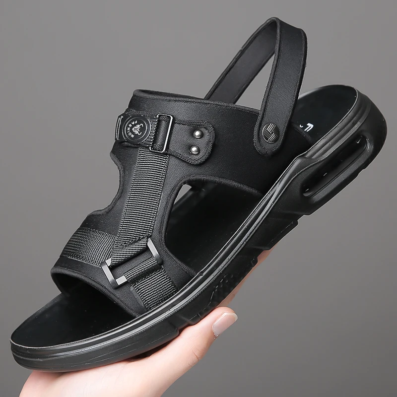 

Black Summer Leather Sandals Men Beach Shoes Casual Holiday Shoes Thick-soled Comfortable Breathable Non-slip Slippers