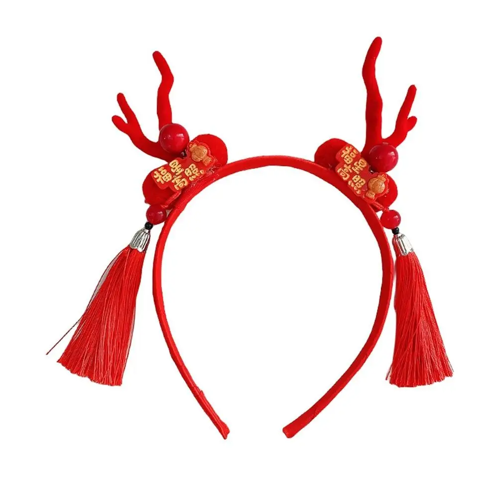 Красная повязка на голову 2024 с рогом дракона кисточка красная бантом новогодний