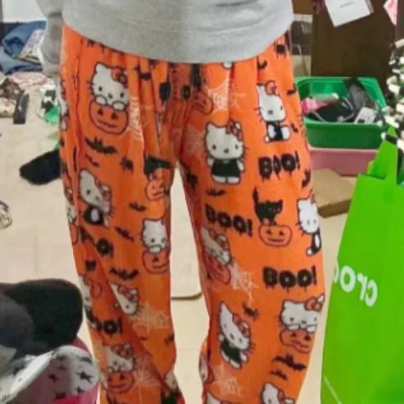 Sanrio Хэллоуин тыква Hello Kitty фланелевые пижамные штаны мультфильм флисовые теплые